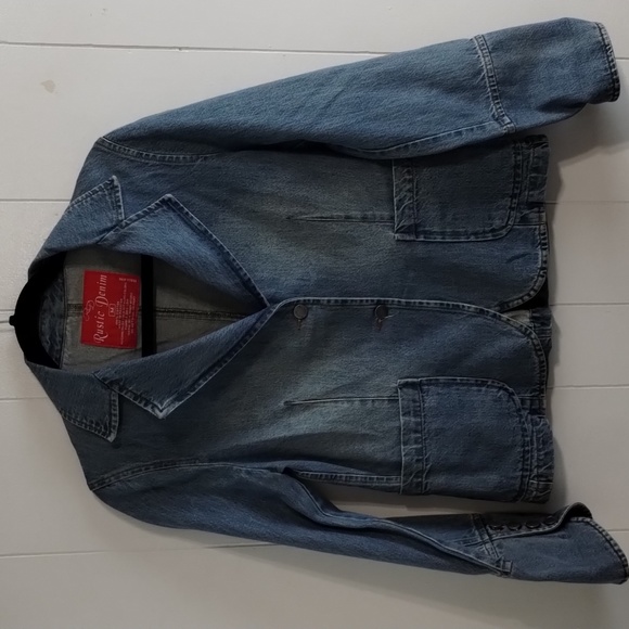 Rustic Denim Two Button Fitted Jean Jacket Blazer Vintage Medium Pockets - Picture 1 of 7